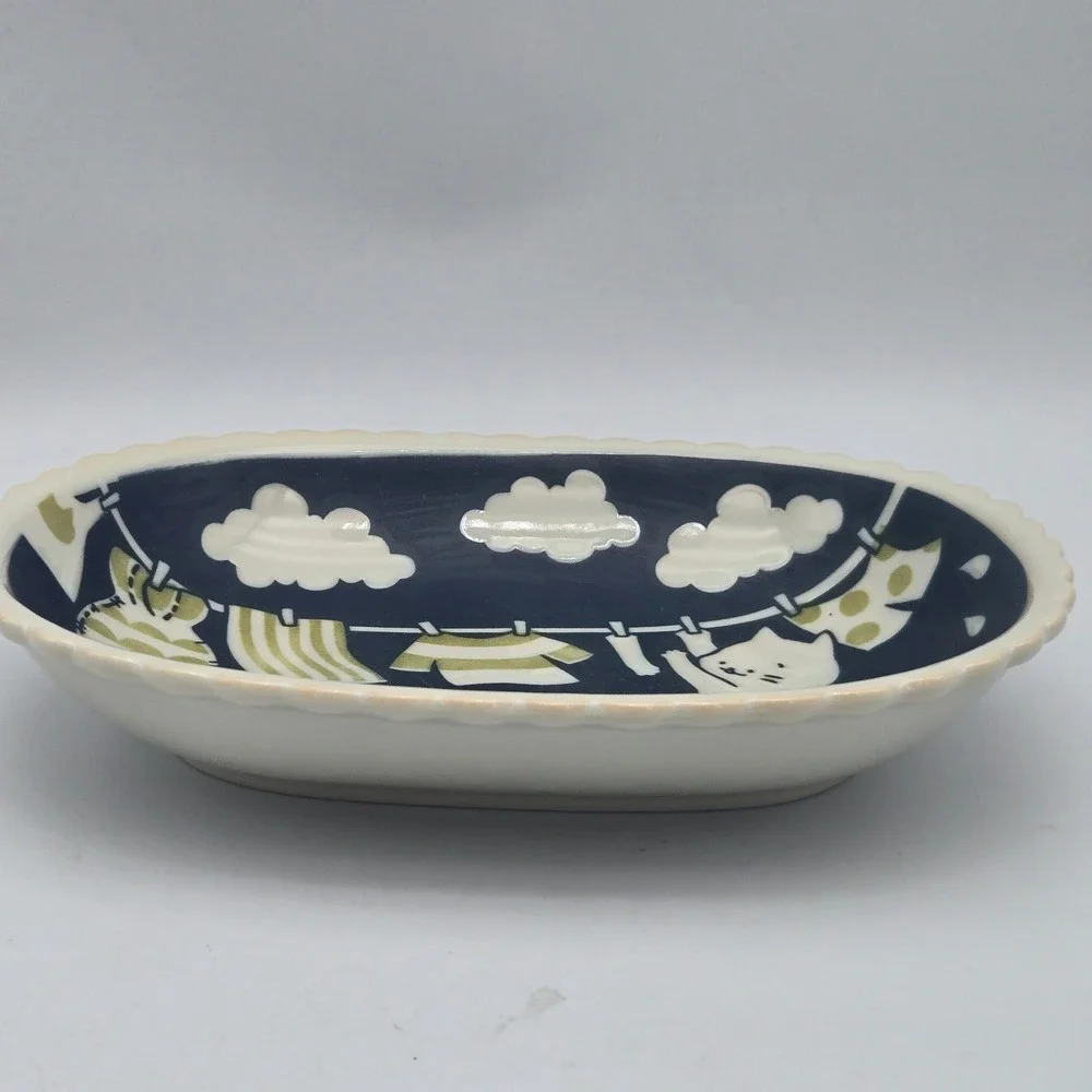 Miya Ceramic Oval Bowl Cat Mouse Doing Laundry Decorative Cute K Factory Japan